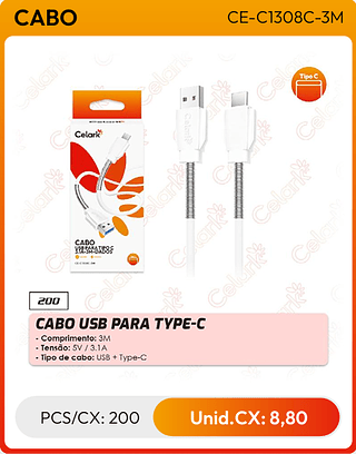 CABO USB PARA TYPE-C PCS/CX: 200 Unid.CX: 8,80