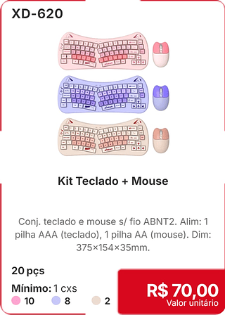 Kit Teclado + Mouse 20 pçs R$ 70,00