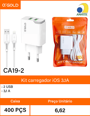 Kit carregador iOS 3.1A -Caixa 400 PCS Preco Unitario 6,62