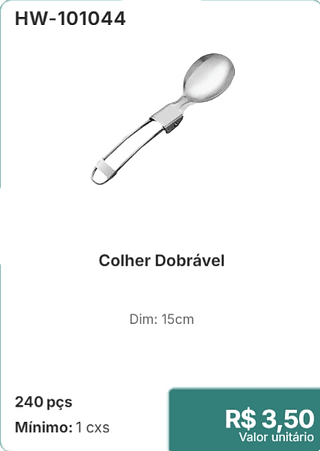 Colher Dobrável 240 pçs R$ 3.50