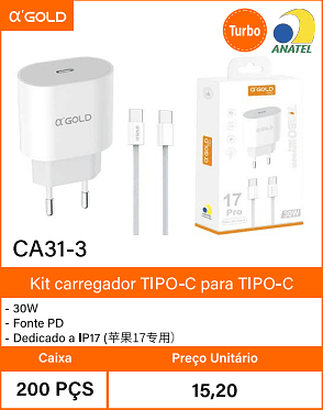 Kit carregador TIPO-C para TIPO-C Caixa 200 PCS Preco Unitario 15,20