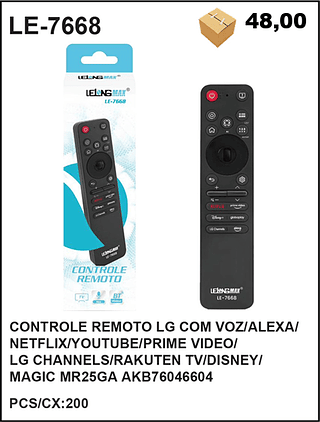 CONTROLE REMOTO LG COM VOZ/ALEXA/ NETFLIX/YOUTUBE/PRIME VIDEO/ LG CHANNELS/RAKUTEN TV/DISNEY/ MAGIC MR25GA AKB76046604 200PÇ=48$