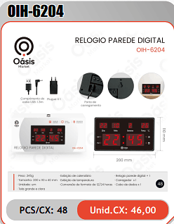 RELOGIO PAREDE DIGITAL PCS/CX: 48 Unid.CX: 46,00