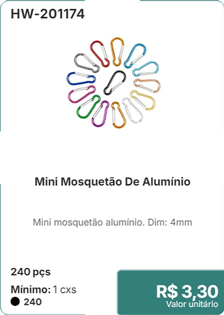 Mini Mosquetão De Alumínio 240 pçs R$ 3,30