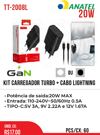 KIT carregador TURBO + CABO LIGHTNING 60pç=17$