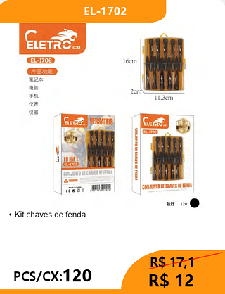 Kit chaves de fenda PCS/CX:120 R$12