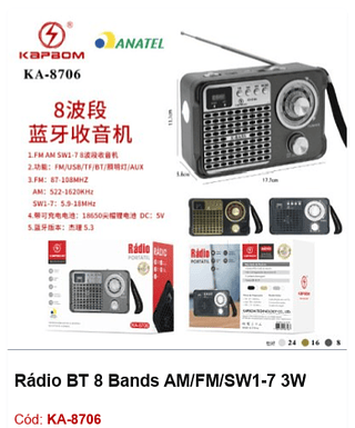 Rádio BT 8 Bands AM/FM/SW1-7 3W R$40,5 PCS/cx:48