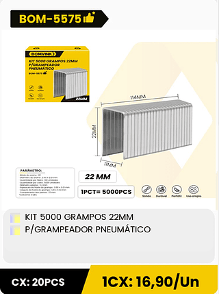 KIT 5000 GRAMPOS 22MM P/GRAMPEADOR PNEUMÁTICO CX: 20PCS 1CX: 16,90/Un