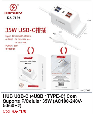 HUB USB-C (4USB 1TYPE-C) Com Suporte P/Celular 35W (AC100-240V50/60Hz) R$ 7,2 PCS/CX: 200