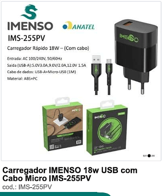 Carregador IMENSO 18w USB com Cabo Micro 200PC/CX R$9,9