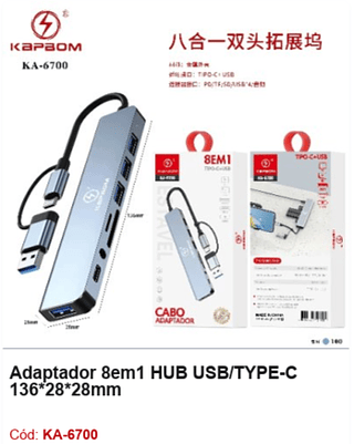 Adaptador 8em1 HUB USB/TYPE-C R$ 25,2 PCS/CX:100