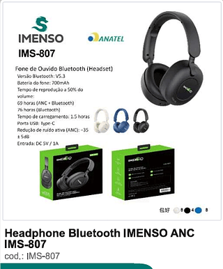 Headphone Bluetooth IMENSO ANC 20PC/CX R$72