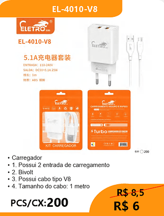CARREGADOR V8 PCS/CX:200 R$6