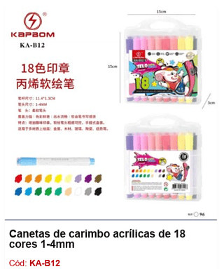 Canetas de carimbo acrílicas de 18 cores 1-4mm R$ 12,15 PCS/Cx: 96