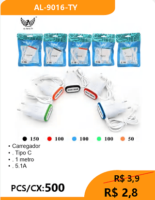 Carregador TIPO-C PCS/CX:500 R$ 2,8