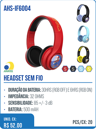 HEADSET SEM FIO UNID. CX: R$ 52.00 PCS/CX: 20