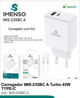 Carregador Turbo 45W TYPE-C 100PC/CX R$28,8