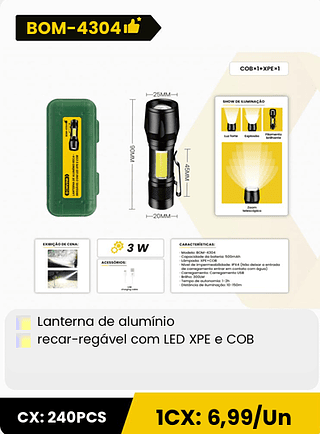 Lanterna de alumínio recar-regavel com LED XPE e COB CX: 240PCS ICX: 6,99/Un