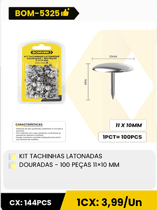 KIT TACHINHAS LATONADAS DOURADAS - 100 PEÇAS 11x10 MM CX: 144PCS 1CX: 3,99/Un