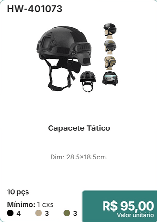 Capacete Tático 10 pçs R$ 95.00