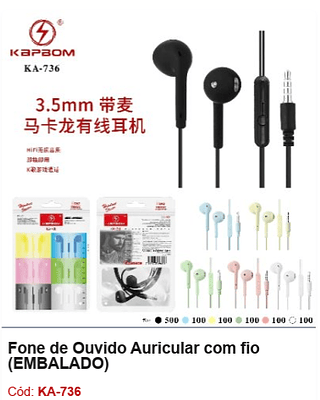 Fone de Ouvido Auricular com fio R$1,89 PCS/cx:1000