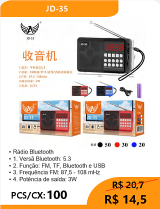 Rádio Bluetooth PCS/CX:100 R$14,5