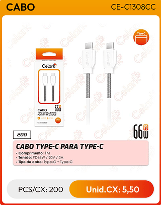 CABO TYPE-C PARA TYPE-C PCS/CX: 200 Unid.CX: 5,50