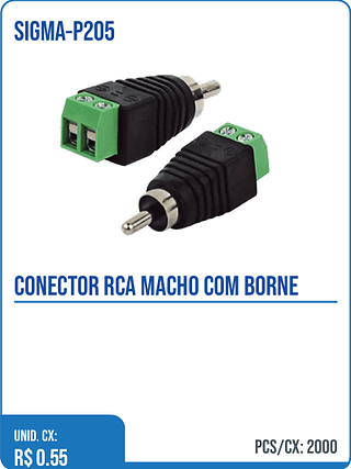 CONECTOR RCA MACHO COM BORNE UNID. CX: R$ 0.55 PCS/CX: 2000