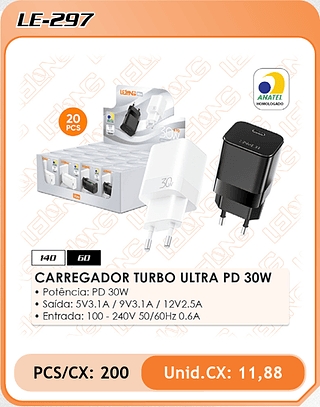CARREGADOR TURBO ULTRA PD 30W 200PÇ=11,88$