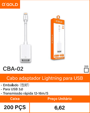 Cabo adaptador Lightning para USB Caixa 200 PCS Preco Unitario 6,62