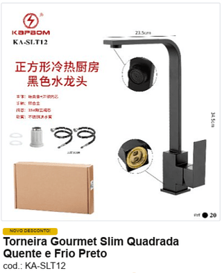Torneira Gourmet Slim Quadrada Quente e Frio Preto R$ 97,2 PC/CX:20