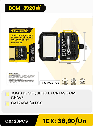 JOGO DE SOQUETES E PONTAS COM CHAVE CATRACA 30 PCS CX: 20PCS 1CX: 38,90/Un
