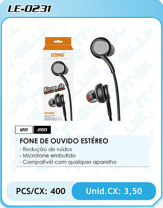 FONE DE OUVIDO ESTÉREO - Redução de ruídos - Microfone embutido - Compativél com qualquer aparelho PCS/CX: 400 Unid.CX: 3,50