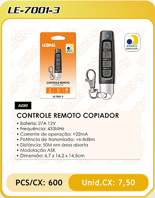 CONTROLE REMOTO COPIADOR 600PÇ=7,5$