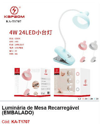 Luminária de Mesa Recarregável R$ 28,8 PCS/CX: 60