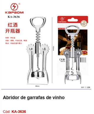 Abridor de garrafas de vinho R$ 8,1 PCS/CX:120