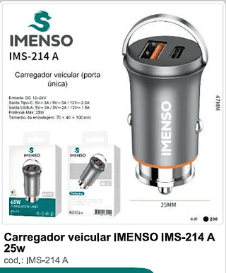 Carregador veicular IMENSO 25w 200PC/CX R$14,4
