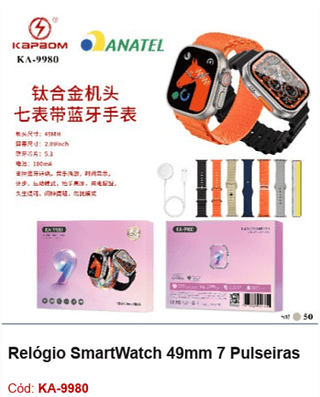 Relógio SmartWatch 49mm 7 Pulseiras R$61,2 PCS/CX:50