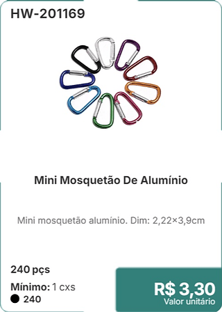 Mini Mosquetão De Alumínio 240 pçs R$ 3,30
