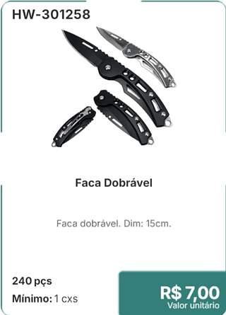 Faca Dobrável 240 pçs R$ 7.00
