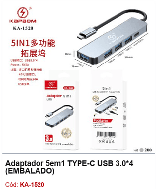 Adaptador 5em1 TYPE-C USB 3.0*4 R$ 16,2 PCS/CX:200