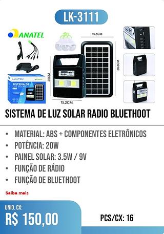 sistema de luz solar radio bluethoot 16pç=150$
