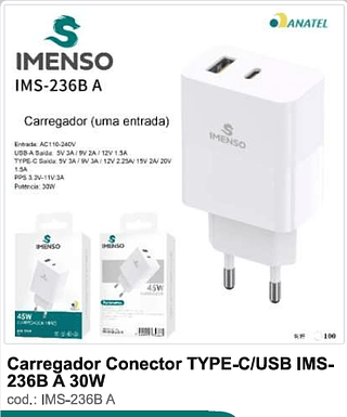 Carregador Conector TYPE-C/USB 30W 100PC/CX R$21,6