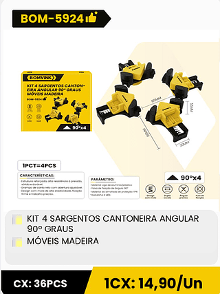 KIT 4 SARGENTOS CANTONEIRA ANGULAR 90° GRAUS MÓVEIS MADEIRA CX: 36PCS 1CX: 14,90/Un