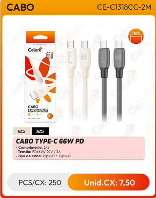 CABO TYPE-C 66W PD PCS/CX: 250 Unid.CX: 7,50