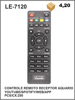 CONTROLE REMOTO RECEPTOR AQUARIO YOUTUBE/SPOTIFY/WEB/APP 200pç=4,2$