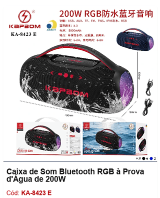 Caixa de Som Bluetooth RGB à Prova d'Água de 200W R$387 PCS/CX:8
