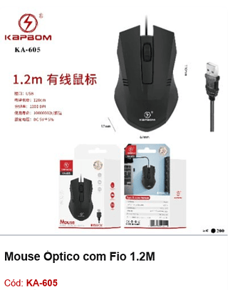 Mouse Óptico com Fio 1.2M R$7,2 PCS/CX:200