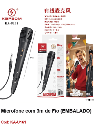Microfone com 3m de Fio R$ 10,35 PCS/Cx:100