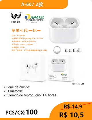 FONE BLUETOOTH PCS/CX:100 R$10,5